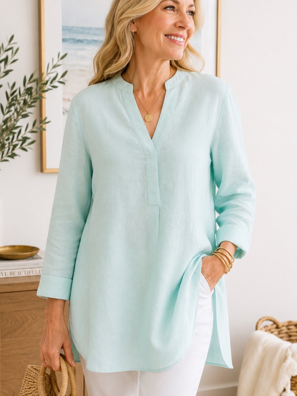 NWT The Limited Women’s Celeste Blue Linen Blend Tunic Top size Large